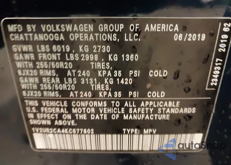 2019 Volkswagen Atlas 3.6L V6 Se W/Technology z USA, uszkodzony, nr VIN 1V2UR2CA4KC577802